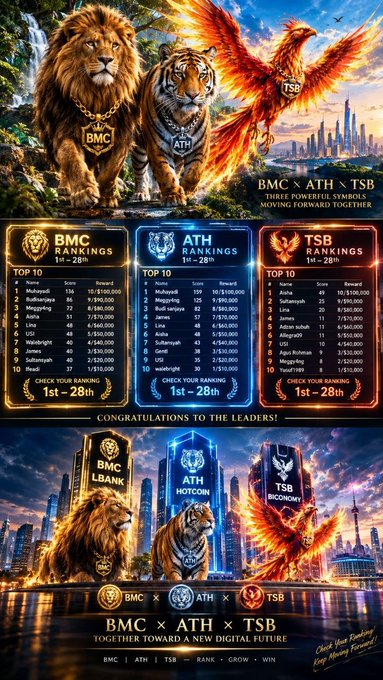 A vibrant promotional poster showcasing the BMC, ATH, and TSB rankings with three powerful animal mascots—a lion, a tiger, and a phoenix—above cityscapes, highlighting top 10 leaderboards for each token and the slogan 'Three powerful symbols moving forward together.'