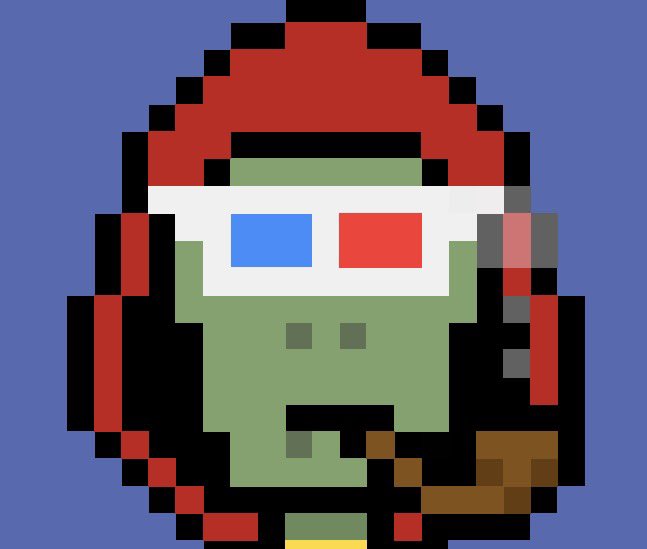 A pixel art sprite of a green zombie character wearing a red beanie and red 3D glasses (with blue and red lenses), holding what appears to be a brown object, set against a blue background.