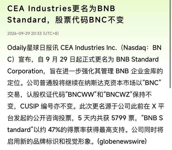 A Chinese news article announcing CEA Industries renamed to BNB Standard Corporation, with the stock ticker BNC remaining unchanged on Nasdaq, effective September 29, 2026.