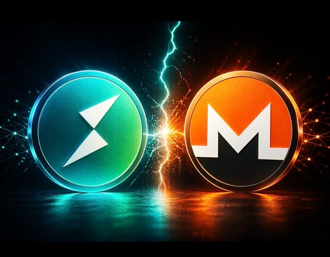 Digital artwork depicting two cryptocurrency token logos clashing with lightning between them - a teal blue token and an orange Monero (XMR) coin.