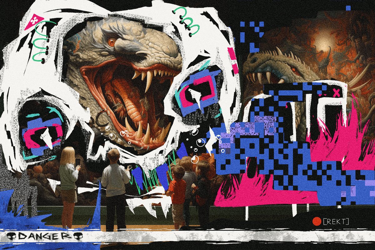 The image features a large, colorful mural depicting two snakes with open mouths, surrounded by people who appear to be observing them closely. The mural is part of an art project called "my art collaboration with @shillypreston left 7/20 edition 10 $XTZ Teach your children well objkt.com/tokens/KT1VpaH". The focus on the artwork and its context suggests that it could be a part of an exhibition or event, possibly related to snakes or other reptiles.