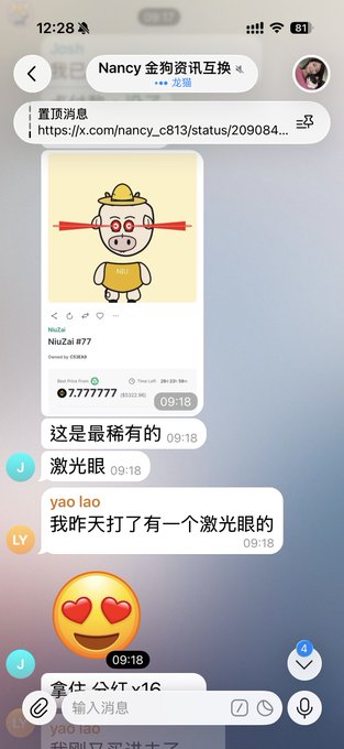 A WeChat group chat screenshot in the 'Nancy 全狗资讯互换' group shows members discussing a rare pig NFT called 'NiuZai #77' from the YOYOBAY collection, with messages mentioning its 'laser eyes' feature.