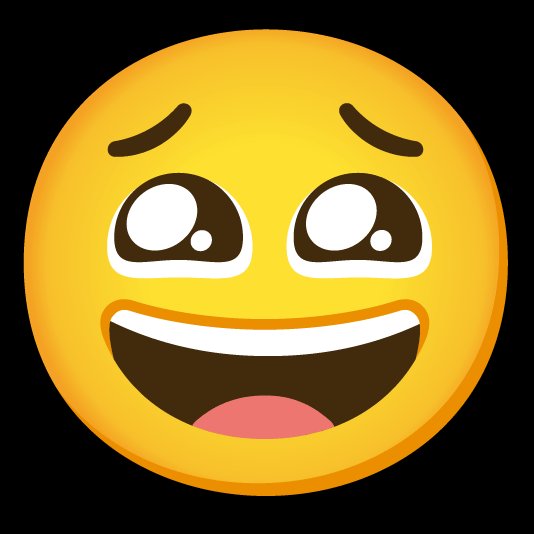 A yellow emoji-style face with large pleading puppy-dog eyes, raised eyebrows, and a wide toothy grin, set against a black background.