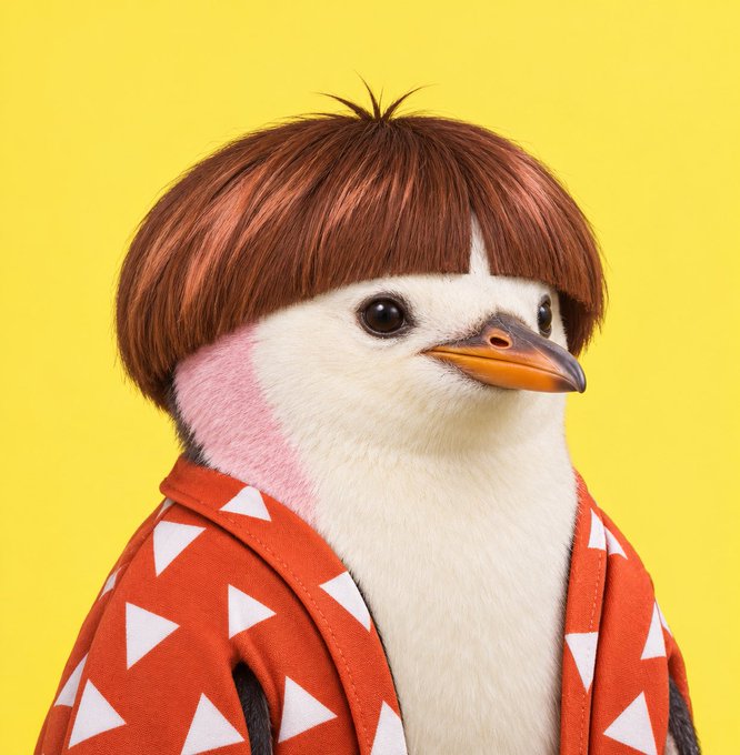 A stylized photo of a penguin with pink cheek markings wearing a brown bob haircut wig and an orange shirt with white triangles, against a yellow background.