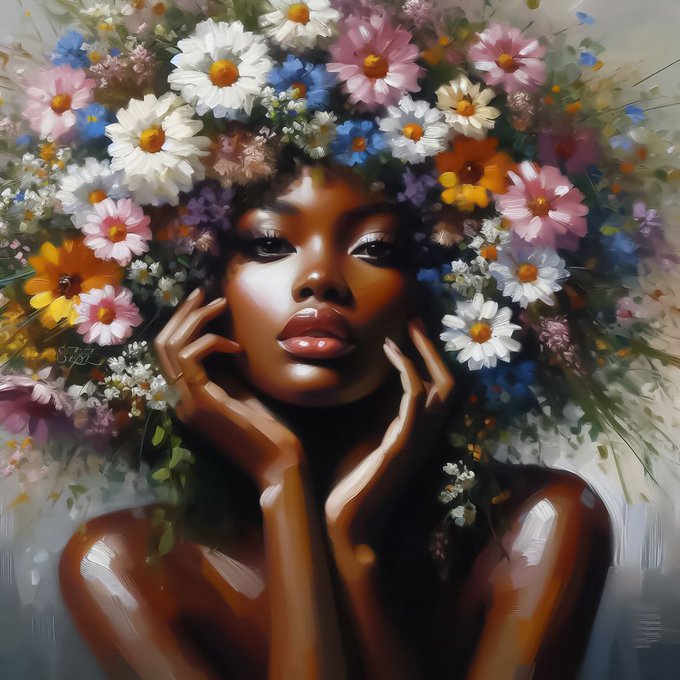 A digital painting of a dark-skinned woman with a floral crown resting her face on her hands.