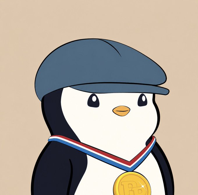 A cartoon penguin wearing a blue flat cap displays a gold Bitcoin medal around its neck on a red, white, and blue ribbon, resembling an Olympic podium moment. The image playfully ties into the post by featuring a penguin—evoking the Pudgy Penguins brand—celebrating a Bitcoin-themed achievement.