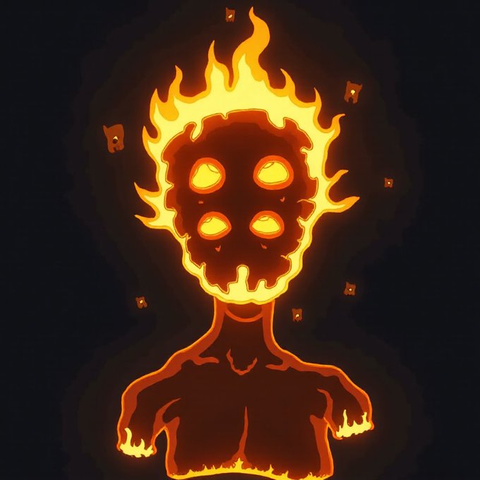 A digital illustration of a glowing, fiery humanoid figure with a skull-like face surrounded by floating embers against a black background.