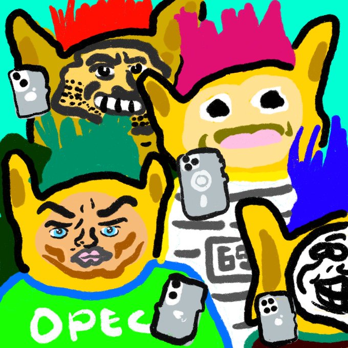 The image features a cartoon drawing of four anthropomorphic objects, including two yellow cartoon heads with googly eyes, one green cartoon head, and another blue cartoon head. The objects are holding various items such as cell phones and cameras. The caption reads "What a crazy requests, so many tr0lls wanna have fun...While the demand is super saucy.. Intern came with an ART contests...", which suggests that this drawing might be part of an art contest or a creative project involving anthropomorphic objects interacting with modern technology.

The image also includes text elements such as "OPEC" and "TAG US + TAG 1 FRIEND", possibly indicating the artist's name or the number of friends they have in the contest.