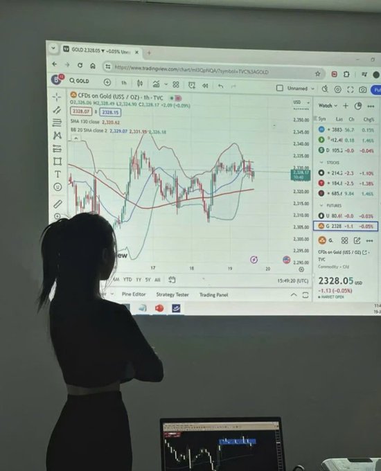 A woman with a ponytail stands in silhouette, gazing at a large projected TradingView chart of Gold CFDs (GOLD) priced at $2,328.17 with a 1H timeframe and Bollinger Bands indicator, while a smaller laptop below displays another candlestick chart—capturing the perfect "I'm looking at the H1 candlestick" moment when her crush might wonder where her eyes are really focused.