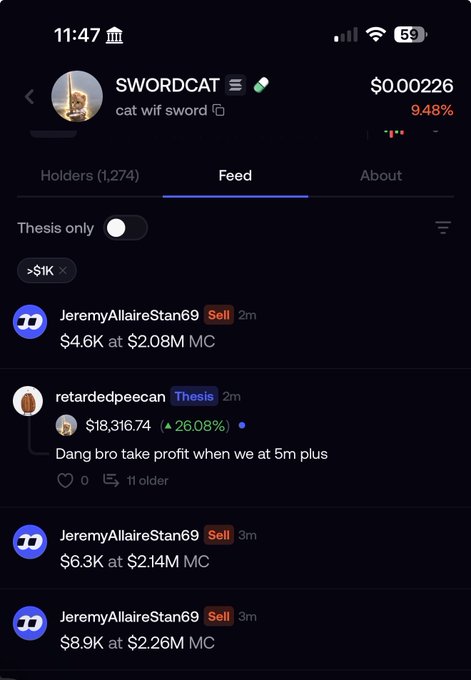 A mobile app screenshot showing a token feed for 'SWORDCAT' priced at $.00226 (+9.48%), with trading activity including a user 'JeremyAllaireStan69' making sells and a post by 'retardedpeecan' about a token called '$IK'.