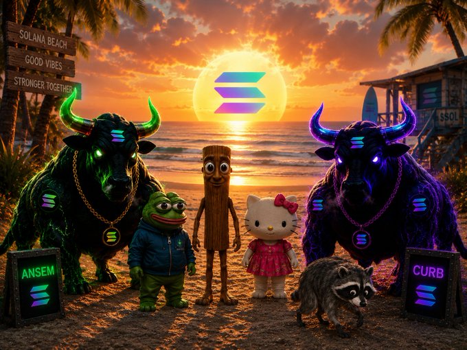 A vibrant beach sunrise scene features two glowing bulls flanking Solana-themed mascots—including Hello Kitty, Pepe the Frog, a wooden figure, and a raccoon—beneath a neon Solana logo, with signs reading "ANSEM" and "CURB" at their feet and a wooden post displaying "SOLANA BEACH / GOOD VIBES / STRONGER TOGETHER," perfectly capturing the bullish Solana community spirit of the morning post.