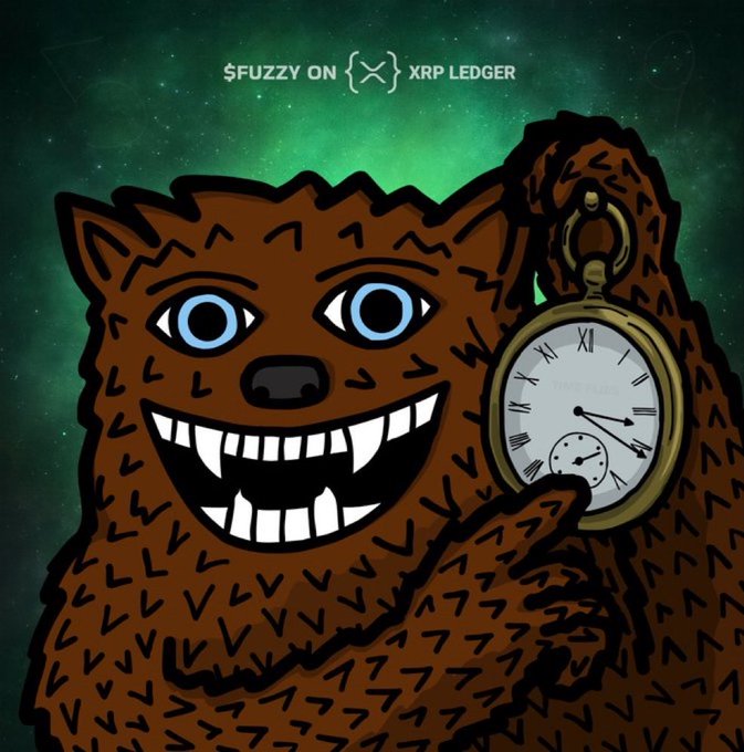 An illustrated brown bear mascot with blue eyes and a toothy grin holds a pocket watch against a green cosmic background, with text reading "$FUZZY ON XRP LEDGER."