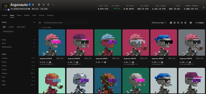 The Argonauts NFT marketplace interface showing a collection of pixel art zombie skeletons with various colored hats and accessories, listed at prices around 0.88 ETH.