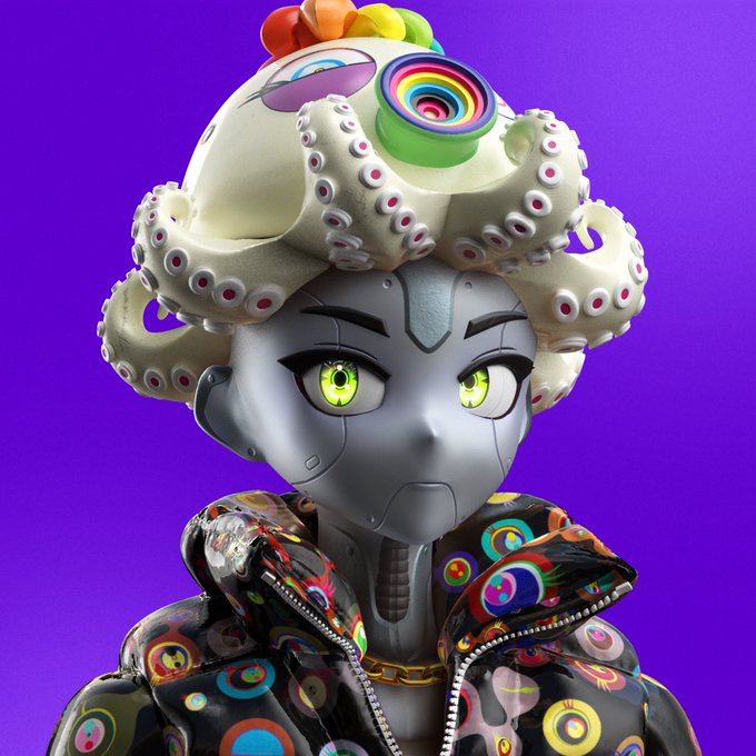 A 3D rendered character with a metallic gray face, green eyes, and a colorful octopus-like hairstyle with suction cups, wearing a patterned black jacket against a purple background.
