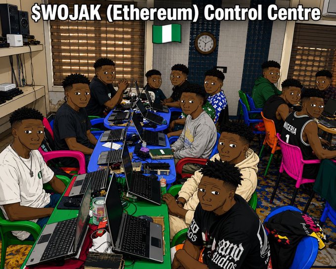 The image, titled "$WOJAK (Ethereum) Control Centre," depicts multiple Wojak meme characters gathered around laptops in a control room with a Nigerian flag, symbolizing a coordinated trading operation. It relates to the post's hint about $WOJAK potentially listing on Robinhood, suggesting that traders controlling the Ethereum-based token could manipulate its price to rally once it hits the mainstream platform.