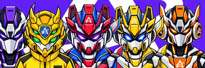 An illustration showing five colorful mecha/robot characters lined up against a purple background.