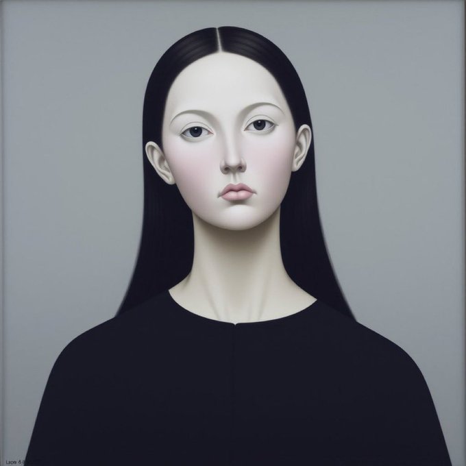 A stylized portrait painting of a woman with long black hair, pale skin, and a black top, featuring the characteristic aesthetic of artist Luize.