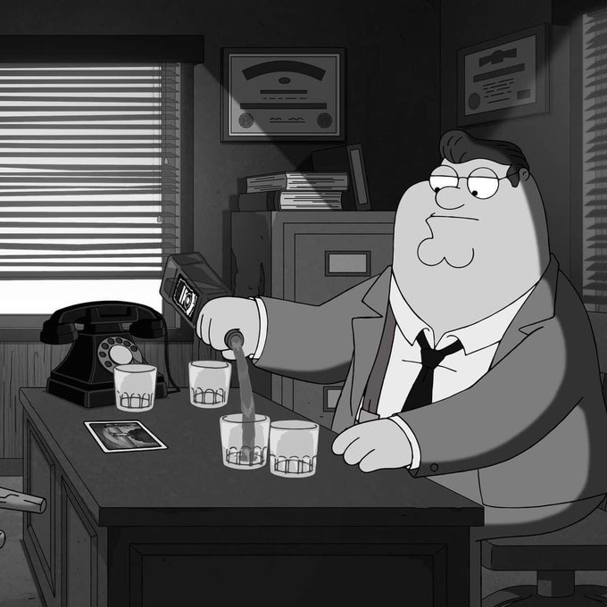 A black-and-white *Family Guy* illustration shows Peter Griffin dressed as a 1940s-noir detective in a dim office, pouring liquor into glasses, evoking a noir film's moody interrogation scene.

The post plays on the detective's investigative role, using the noir aesthetic to suggest that crypto offers many hidden "opportunities" to explore, with different people uncovering entirely different ones—like detectives investigating the same case.