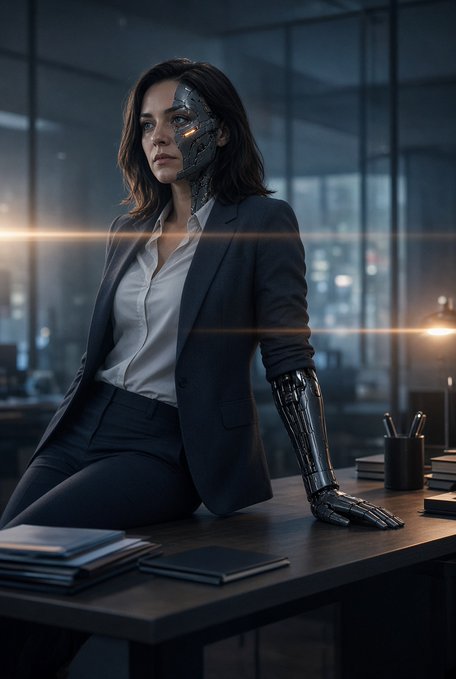 A digital rendering of a woman in a dark business suit with cybernetic enhancements on the right side of her face and arm, posed in a modern office at night.