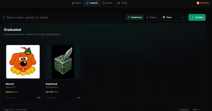 A screenshot of the "Launch" page on Robinhood showing two graduated tokens: Biscotti ($BISCOTTI) with a market cap of $4.13M (28x) and RobinVault ($ROBINVAULT) with a market cap of $27.07M (11x). This visual supports the post highlighting Emblem Vault's two tokens, noting RobinVault as the first board listing and Biscotti's rapid 8M market cap growth in just 1 hour.