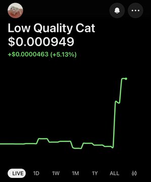 A trading chart showing 'Low Quality Cat' token at $0.000949, up 5.13%, with a sharp green spike on the 'ALL' timeframe view.