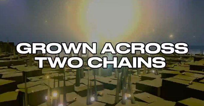 A 3D animated scene of a blocky, low-poly town at night with bright text overlay reading 'GROWN ACROSS TWO CHAINS'.