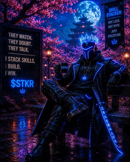 A cyberpunk-style digital art featuring a masked figure with a glowing crown sitting on a bench with a sword. Text reads 'THEY WATCH. THEY DOUBT. THEY TALK. I STACK SKILLS. I BUILD. I WIN. $STKR' and 'SKILL STACKER - NOT LUCK, NOT HYPE, JUST DISCIPLINE.'