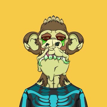 A digital illustration of a monkey wearing a striped blue and black shirt against a yellow background, with green liquid dripping from its eyes and mouth.