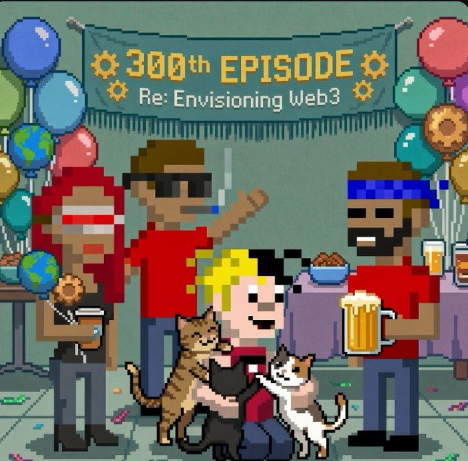 Pixel art celebrating a '300th EPISODE Re: Envisioning Web3,' showing a group of characters at a party with balloons, beer, and cats.