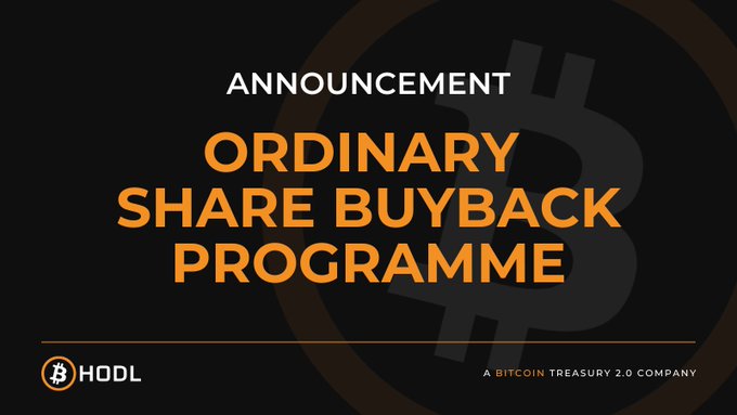 Announcement graphic titled 'ORDINARY SHARE BUYBACK PROGRAMME' from HODL, a Bitcoin Treasury 2.0 Company, with a Bitcoin logo watermark.