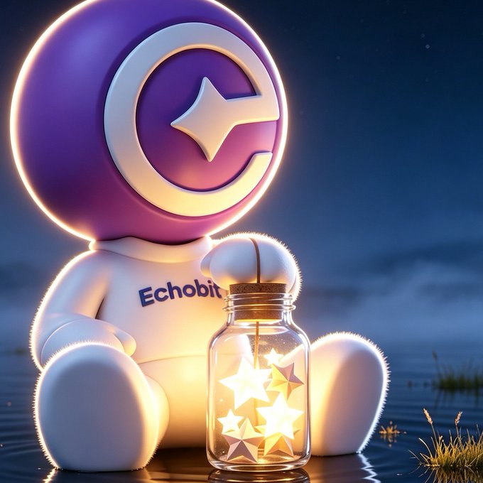 A 3D-rendered mascot character labeled 'Echobit' sits beside a glowing jar of star-shaped tokens in a dreamy nighttime landscape.