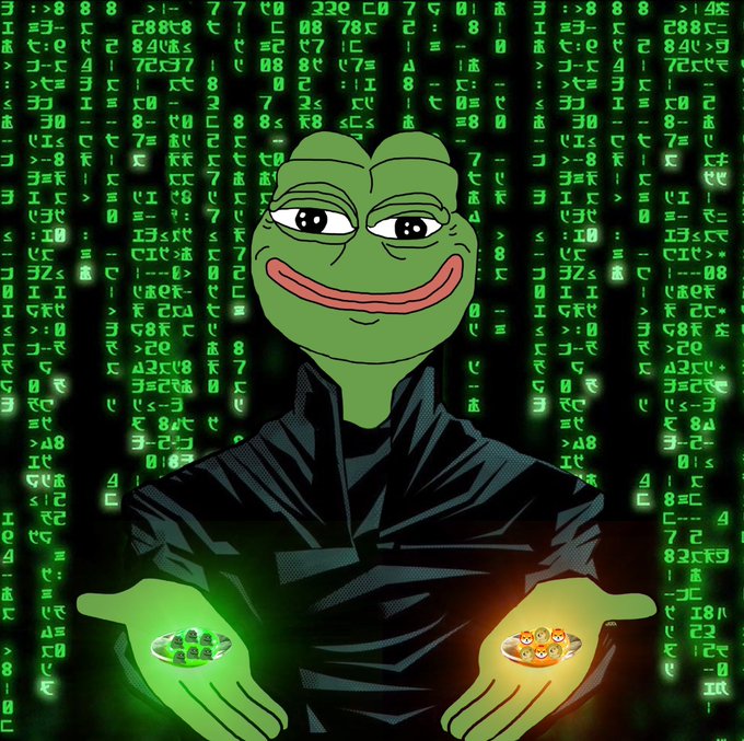 A cartoon frog resembling the iconic Pepe meme, dressed in a black hoodie, presents a choice between glowing pills—one green with "$PEPE" symbols and one orange with doge icons—against a backdrop of falling green Matrix-style code, symbolizing the decision $PEPE holders face between holding their meme coin or chasing rival tokens.