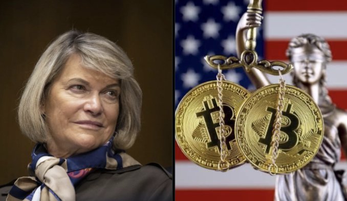 A split image showing a portrait of a woman on the left and an illustration of Bitcoin coins on a scale of justice with an American flag background on the right.