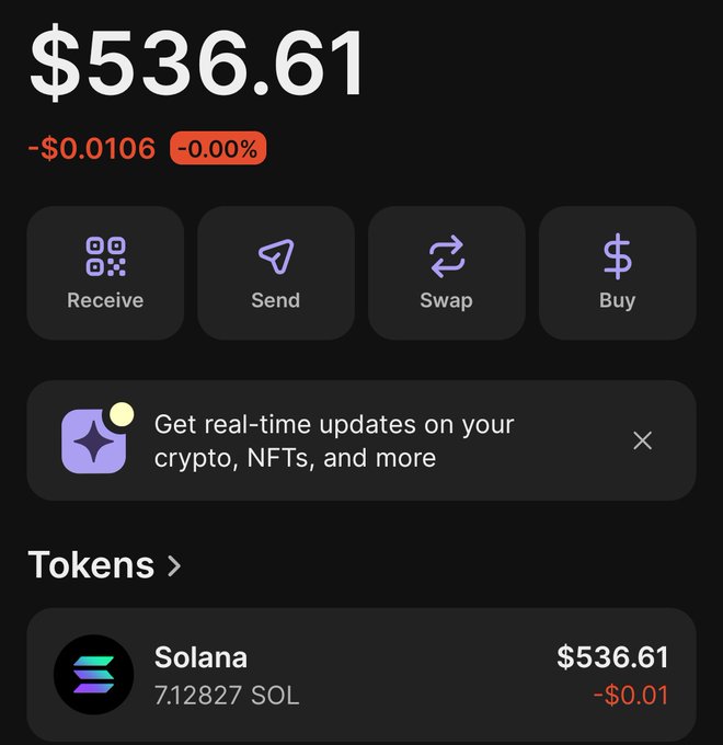 A crypto wallet portfolio shows a balance of $536.61, holding 7.12827 SOL (Solana), which has decreased slightly by -$0.01 (-0.00%) in value. The image relates to the post's goal of turning this current balance into $5,000 through a low-cap memecoin investment.