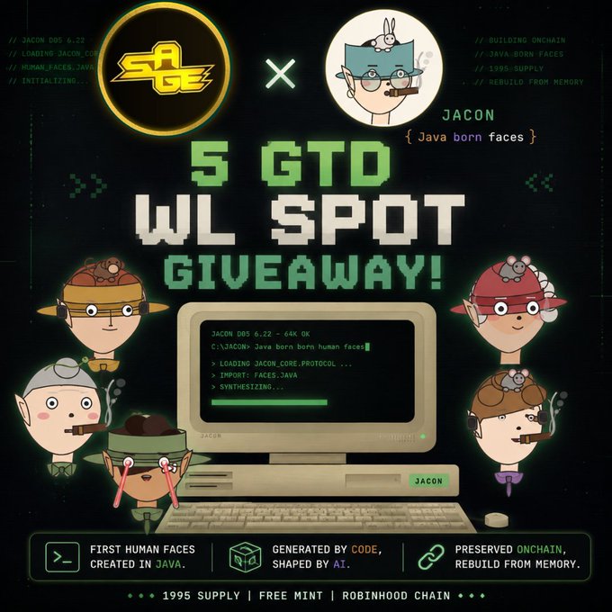 A pixel-art promotional graphic for a "5 GTD WL SPOT GIVEAWAY!" featuring JACON characters around a vintage computer terminal.