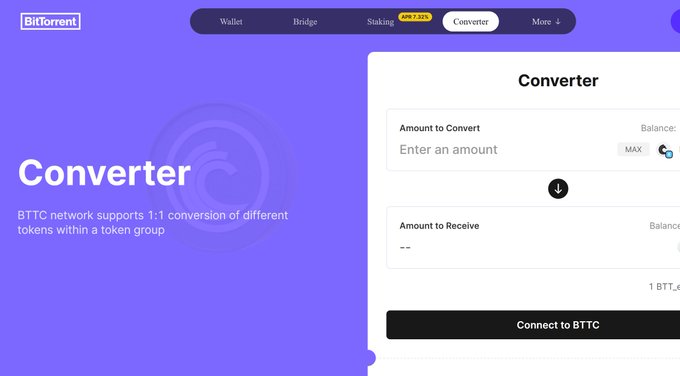 The image shows a website called "BTTC Converter" that allows users to convert between different types of cryptocurrency networks. The website features a purple background with white text, providing information about the conversion process for converting Bitcoin to other cryptocurrencies or vice versa. It also includes a button on the right side of the screen, which is likely used to initiate the conversion process.