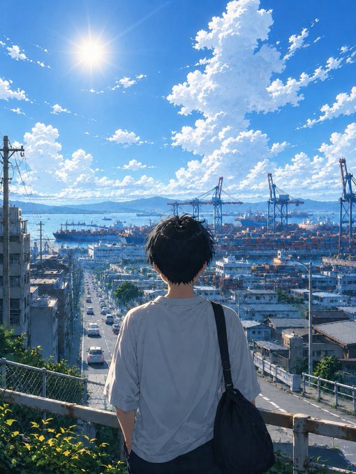 An anime-style illustration of a young man with a shoulder bag looking out over a coastal city with a busy port, cranes, and bright blue skies with scattered clouds.