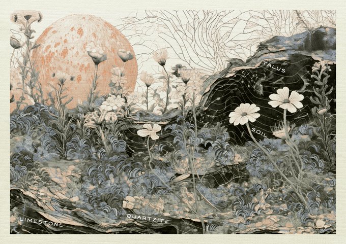 An illustrated landscape features a large peach-colored moon, wildflowers, and labeled rock formations reading "TALUS," "SOIL," "QUARTZITE," and "LIMESTONE," serving as a promotional visual for the "Hitomebore Act II / Finale" art drop releasing August 27 via Transient Labs. The geological labeling ties into the post's playful question about rocks or minerals, reflecting the artwork's earthy, botanical aesthetic.