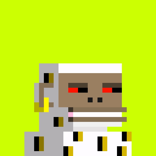A low-resolution pixel art character with brown skin, red eyes, and a white beard or scarf, set against a bright lime green background.