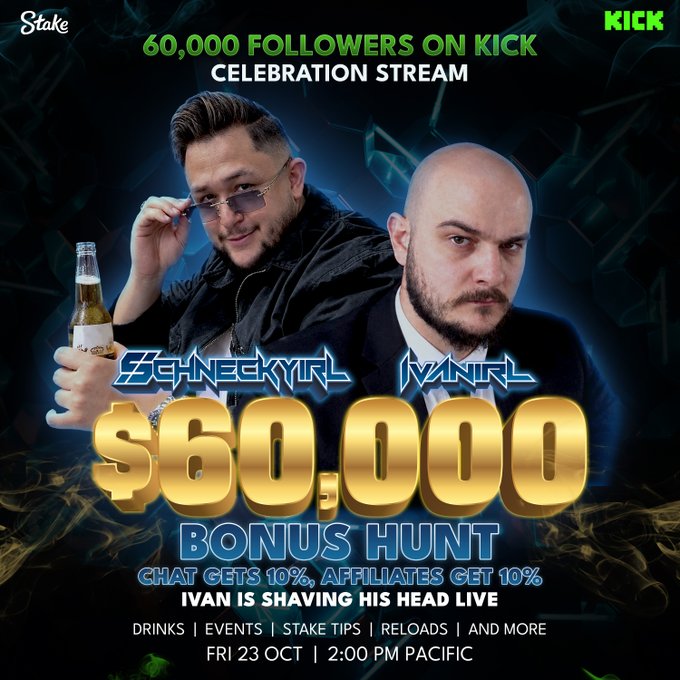 Promotional poster for Schnecky and Ivan’s “$60,000 Bonus Hunt,” celebrating 60,000 followers on Kick. The event is Friday, Oct. 23 at 2:00 PM Pacific, with 10% of the balance for viewers and 10% for affiliates, plus drinks, events, Stake tips, reloads, and more; Ivan will shave his head live.