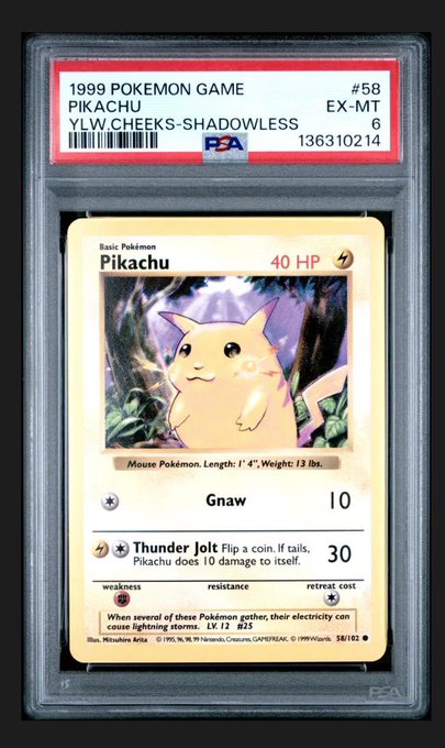 The photo shows a PSA-graded 1999 Pokémon Game #58 Pikachu "Yellow Cheeks — Shadowless" card with an EX-MT 6 grade, featuring the classic artwork of Pikachu in a forest with 40 HP and moves Gnaw and Thunderbolt. The accompanying post celebrates a new collector winning this iconic vintage card as a giveaway prize.