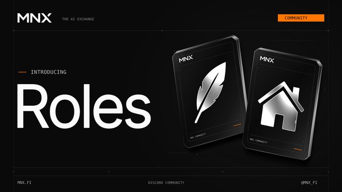 The image is a sleek black promotional banner for MNX, branded as "THE AI EXCHANGE," announcing the introduction of their Discord "Roles" system with a "COMMUNITY" button highlighted in orange at the top right. Two stylized dark digital cards are featured prominently, displaying the MNX logo alongside minimalist icons—a quill/feather and a house—labeled "MNX COMMUNITY" beneath each. The layout includes the URL "MNX.FI," a "DISCORD COMMUNITY" link, and the handle "@MNX_FI" at the bottom, directly tying into the post's message about their new role system going live and inviting users to join early and claim their invite code.
