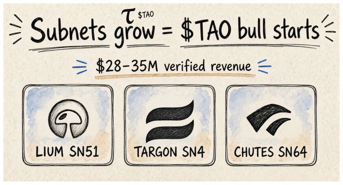 A hand-drawn-style graphic announces "Subnets grow = $TAO bull starts," highlighting "$28-35M verified revenue" with icons for three leading subnets: LIUM SN51, TARGON SN4, and CHUTES SN64. The image visually summarizes the post's point that a small handful of subnets are generating real customer revenue, anchoring the bullish narrative around $TAO.
