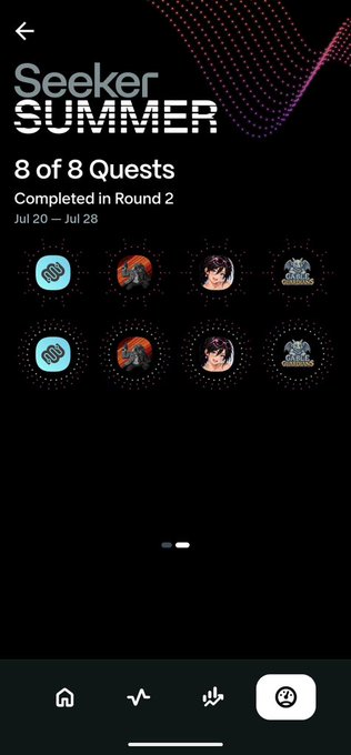 A screenshot from an app showing a 'Seeker SUMMER' progress page with the text '8 of 8 Quests Completed in Round 2' between 'Jul 20 — Jul 28', displaying eight completed circular icons.