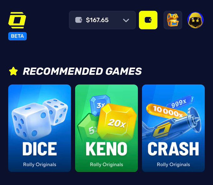 A dark-themed gambling app interface showing a balance of $167.65 with recommended games including Dice, Keno, and Crash, all labeled as 'Rolly Originals'.