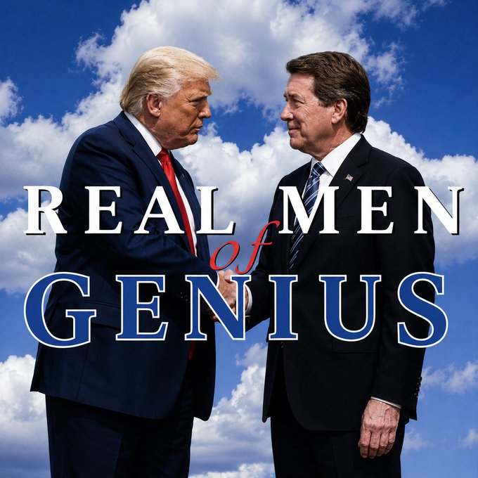 This image shows Donald Trump shaking hands with another man, superimposed with the text "REAL MEN of GENIUS." It visually represents the celebration of the "GENIUS Act" signing, as mentioned in the accompanying post, linking the individuals to a significant achievement.