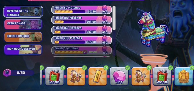 A video game rewards screen titled 'Revenge of the Tentacle' featuring a colorful piñata character, with progress trackers for completing matches and various reward tiers including 'x50000' and 'x150000' items.