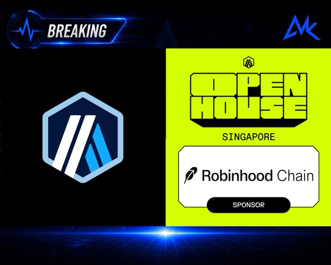 A breaking news graphic announcing Robinhood Chain as a sponsor for the 'Open House Singapore' event, featuring a blue and white hexagonal logo.