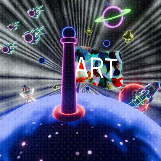 The image features a large, colorful neon sign that reads "ART" surrounded by various planets and stars. The background includes a black sky filled with bright lights, giving the impression of space travel or an outer space theme. There are also other elements in the image such as a rocket ship, a planet, and a satellite. The post is titled "Hello guys. Starting tomorrow we will begin posting sneak peeks for our upcoming COSMOS collection."