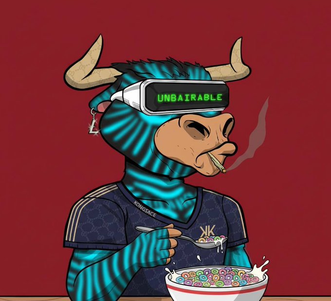 An anthropomorphic bull wearing a VR headset displaying "UNBAIRABLE" sits against a red background, casually smoking a cigarette and eating a bowl of Froot Loops cereal, with the shirt monogrammed "KONGSACE" and "KJK" on the chest. The image relates to the "what ticker is on the menu today?" post by depicting the bull character literally "having a ticker on the menu" as breakfast, blending crypto/NFT culture with a laid-back morning vibe.